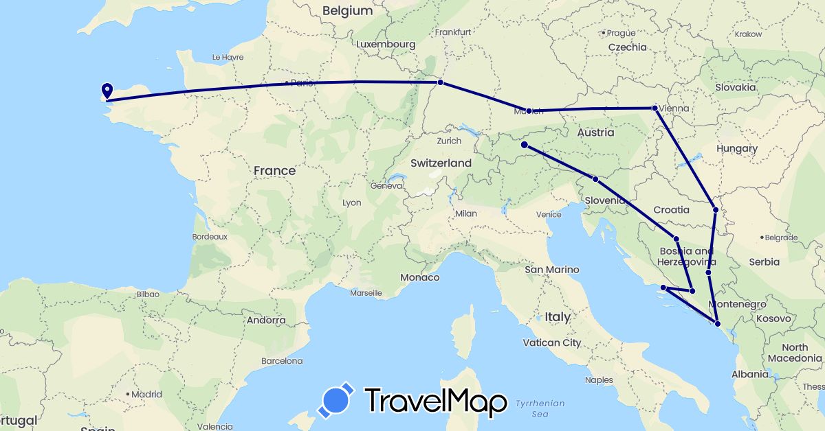 TravelMap itinerary: driving in Austria, Bosnia and Herzegovina, Germany, France, Croatia, Montenegro, Slovenia (Europe)